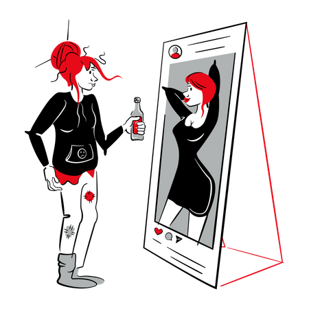 Woman watching reflection on social media Illustration