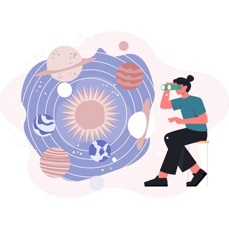 Woman watching solar system  Illustration