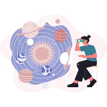 Woman watching solar system  Illustration