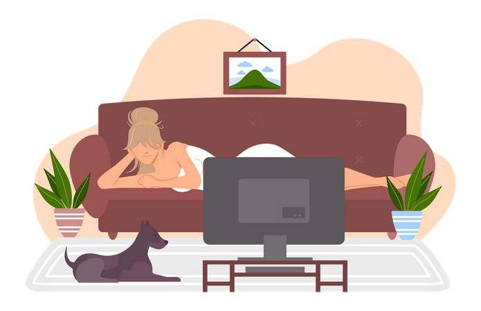 Woman watching television in living room Illustration