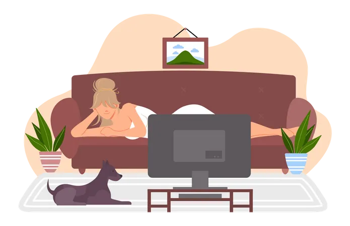 Woman watching television in living room  Illustration