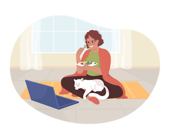 Woman watching tv shows on laptop and eating salad  Illustration