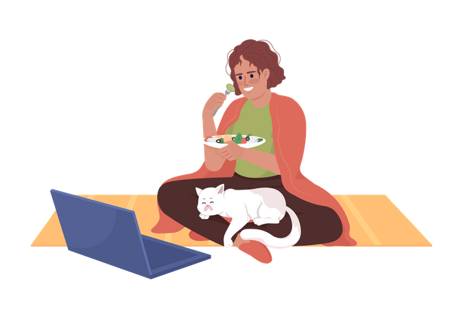 Woman watching tv shows on laptop and eating salad  イラスト