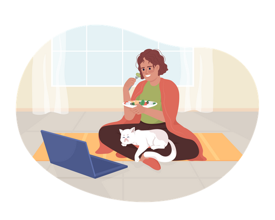Woman watching tv shows on laptop and eating salad  Illustration