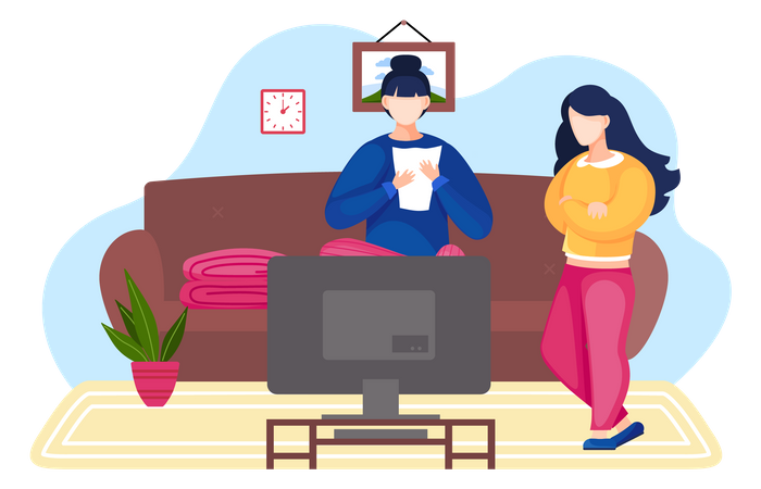 Woman watching TV together Illustration