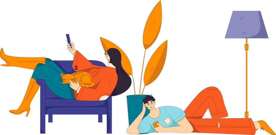 Woman watching tv while man looking at mobile  Illustration