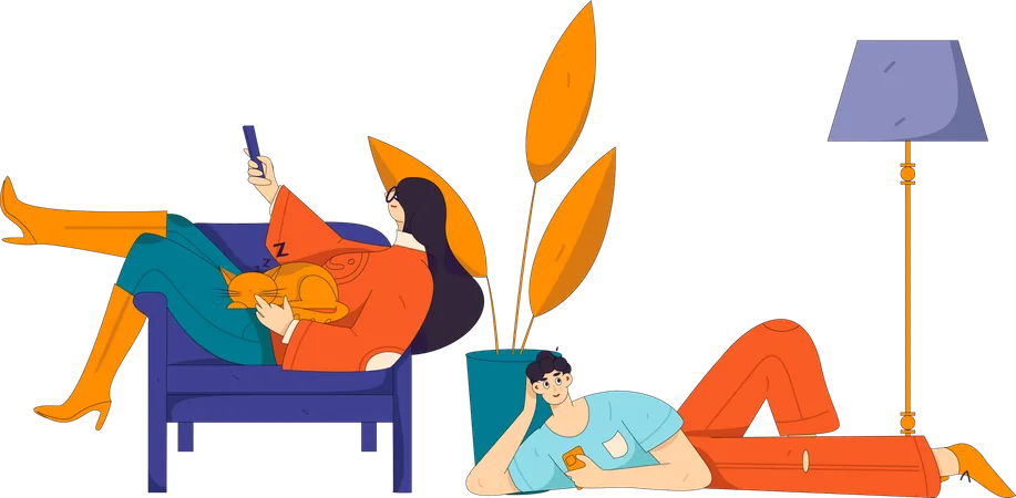 Woman watching tv while man looking at mobile  Illustration