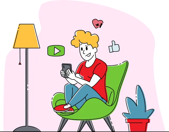 Young Woman Character Sitting At Home With Smartphone In Hands Watching Vlog Communicating In Network Or Surfing Online Web Pages Internet Chatting Virtual Entertainment Linear Vector Illustration 일러스트레이션