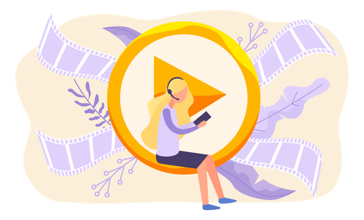 Woman watching video while wearing headphones Illustration