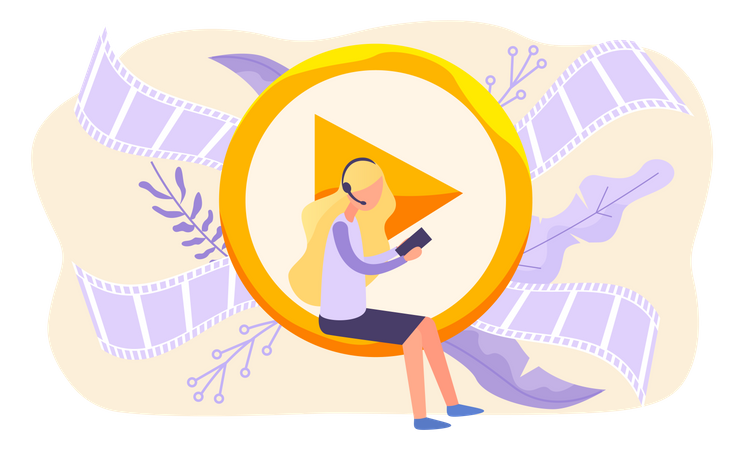 Woman watching video while wearing headphones  Illustration