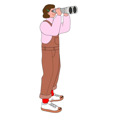 Woman Watching With Binoculars Vector Illustration In Line Filled Design Illustration