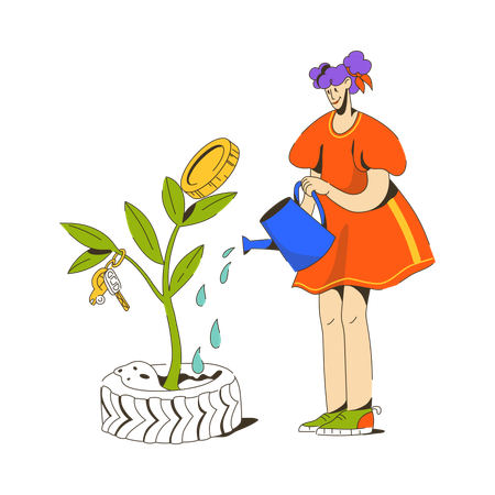 Woman watering a big bush with money and keys  Illustration