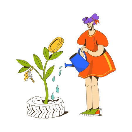 Woman watering a big bush with money and keys  Illustration