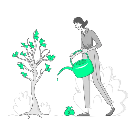 Woman watering a money tree  Illustration