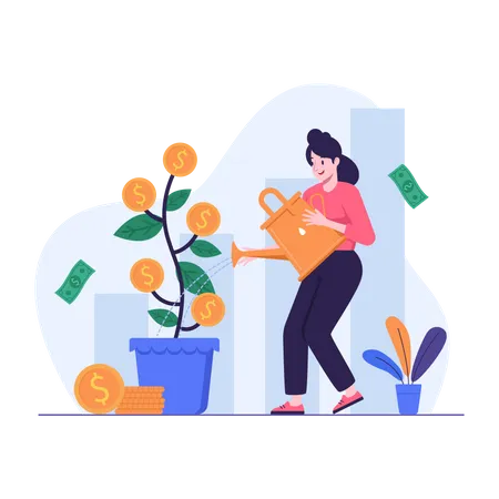 Woman watering a money tree growing in a pot  Illustration
