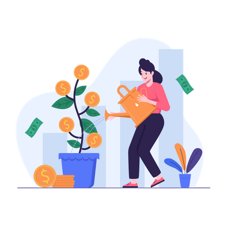 Woman watering a money tree growing in a pot  Illustration