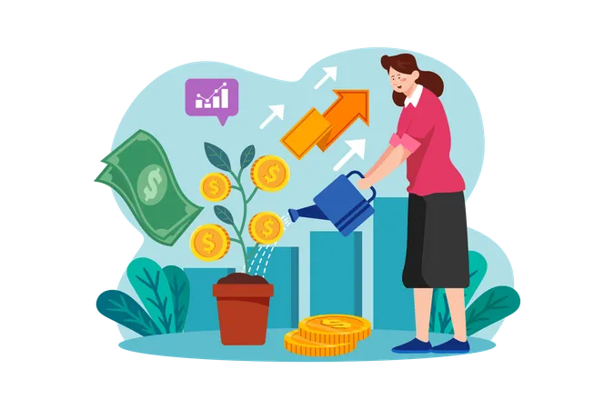 Woman watering a money tree  Illustration