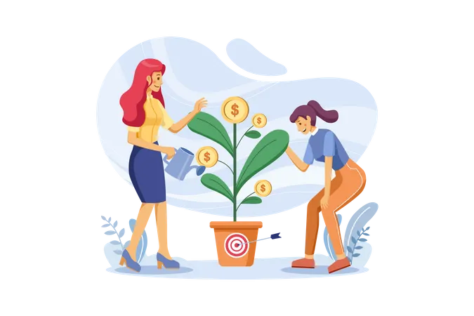 Woman watering and taking care of money plant Illustration