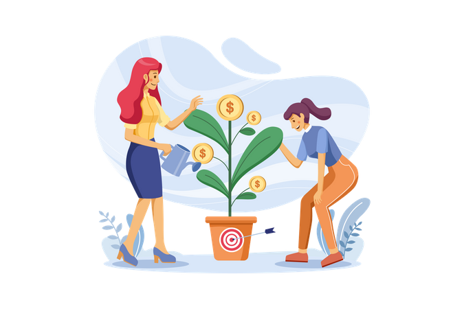 Woman watering and taking care of money plant  Illustration