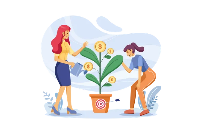 Woman watering and taking care of money plant  Illustration