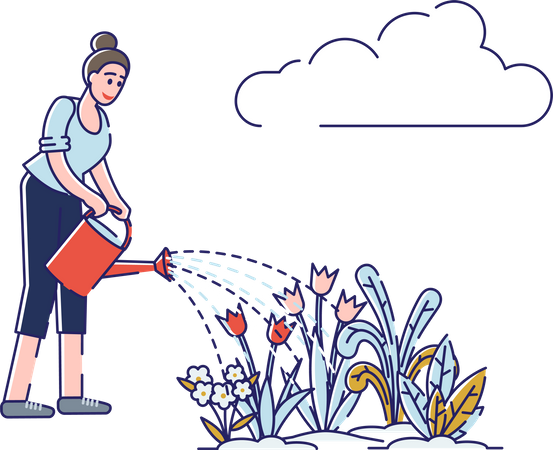 Woman Watering Beautiful Flowers With Watering Can  Illustration