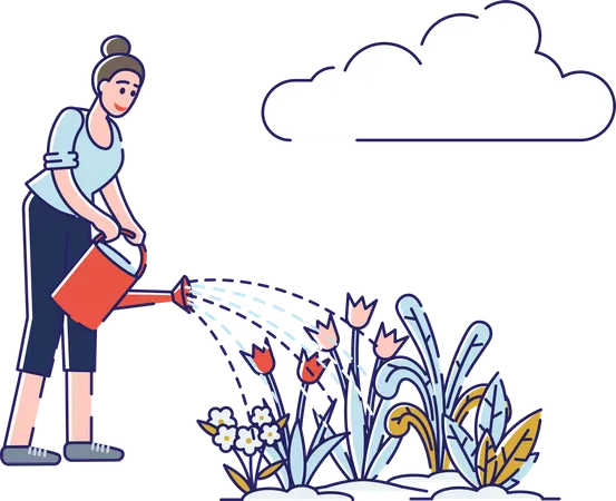 Woman Watering Beautiful Flowers With Watering Can  Illustration