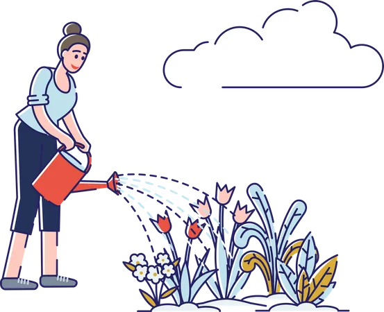 Woman Watering Beautiful Flowers With Watering Can Illustration
