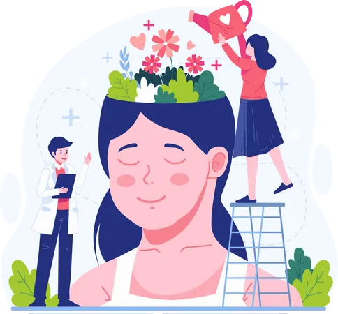 World Mental Health Day Concept Illustration A Woman Watering Blooming Flowers Growing In A Huge Female Head Psychological Support Healthy Mind And Positive Thinking Illustration