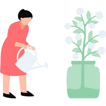 Woman watering dollar plant  Illustration