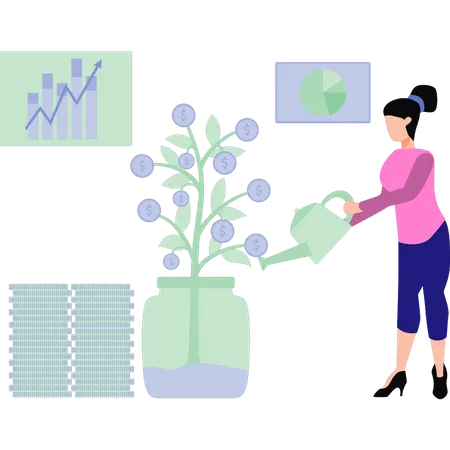 Woman watering dollar plant  Illustration