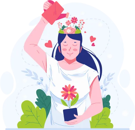 World Mental Health Day Concept Illustration A Woman Watering Flowers Growing In Her Head Psychological Support Healthy Mind And Positive Thinking Illustration