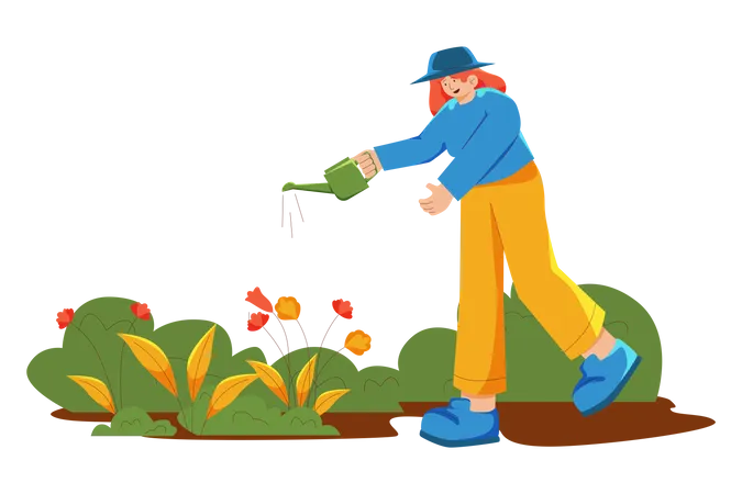Woman watering flowers to save nature Illustration