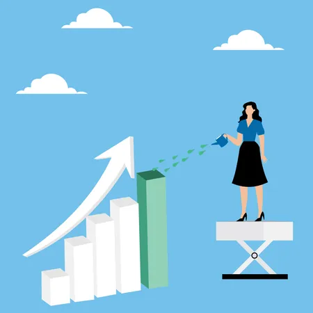 Woman watering graph column in form of growing arrow  Illustration