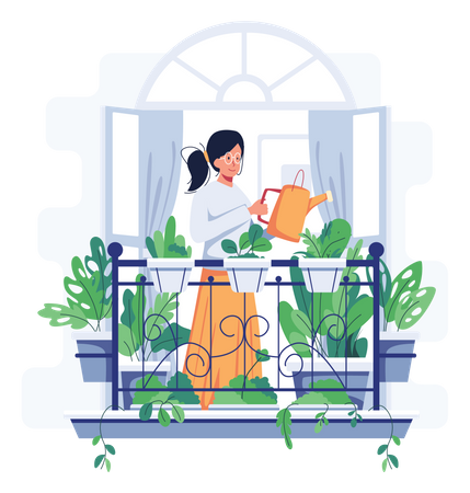 Woman watering Home plants Illustration