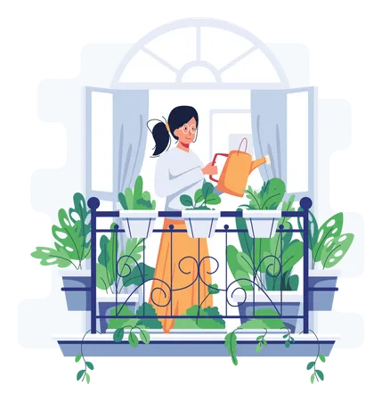 Woman watering Home plants Illustration