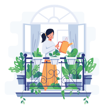 Woman watering Home plants  Illustration