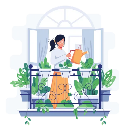 Woman watering Home plants  Illustration