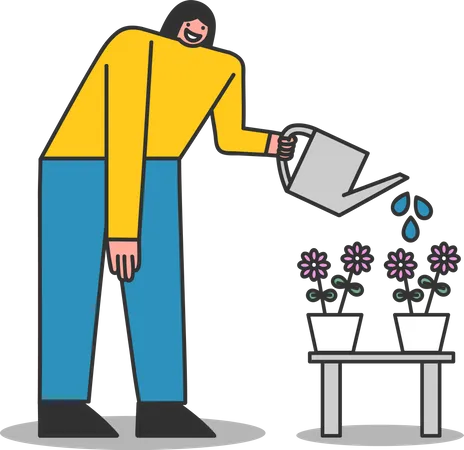 Woman watering house plants  Illustration