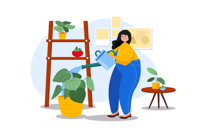 Woman watering houseplant  Illustration