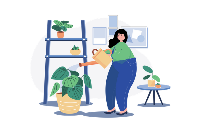 Woman watering houseplant  Illustration