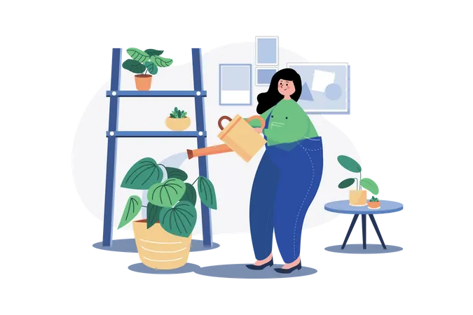 Woman watering houseplant  Illustration