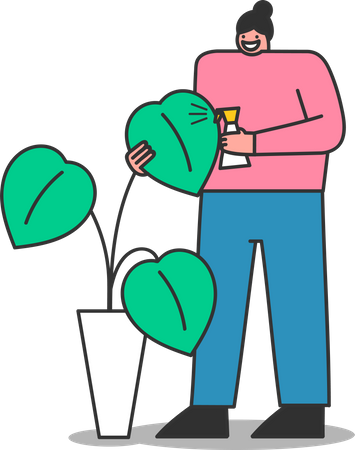 Woman watering houseplant with spray bottle Illustration