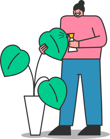 Woman watering houseplant with spray bottle  Illustration