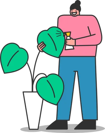 Woman watering houseplant with spray bottle  Illustration