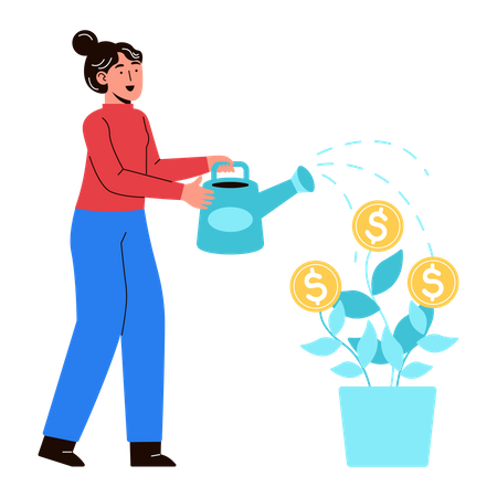 Woman watering investment Illustration