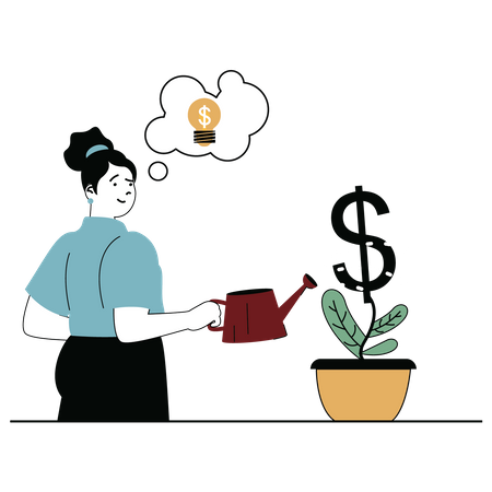 Woman watering investment plant  Illustration