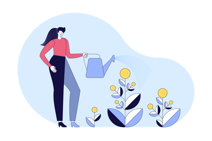 Woman watering investment plant  Illustration