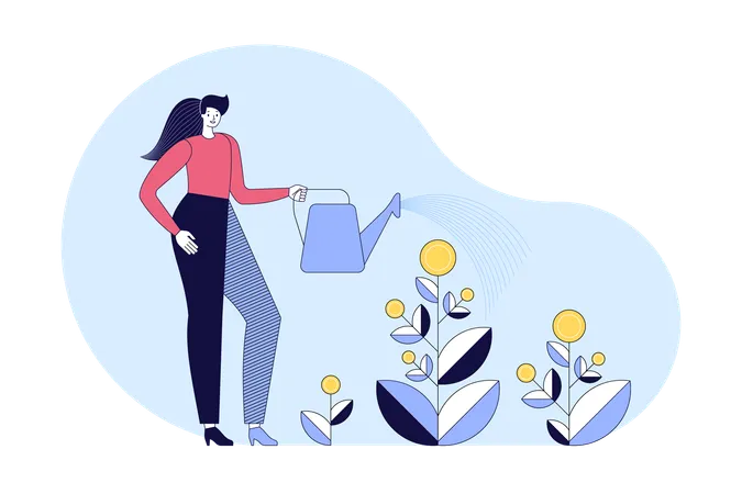 Woman watering investment plant  Illustration