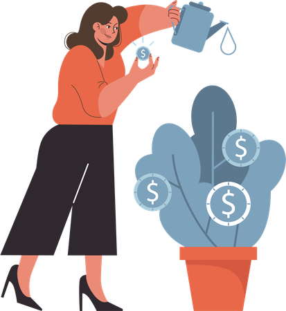 Woman watering money plant  Illustration