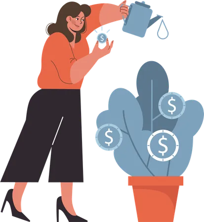 Woman watering money plant  Illustration